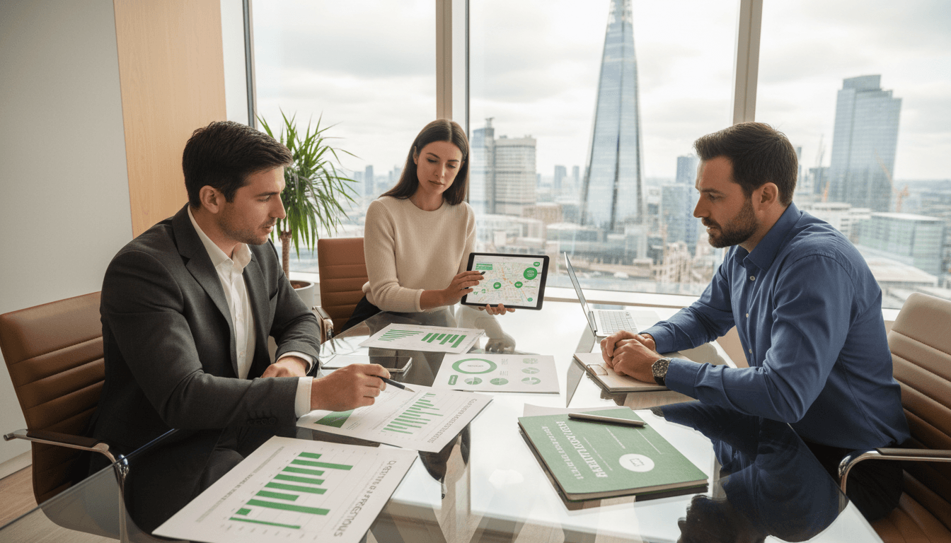 Green Kites Associates consultants reviewing strategy documents with a business client in a London boardroom