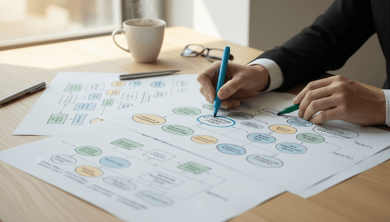 Close-up of strategic planning roadmap with operational efficiency markers