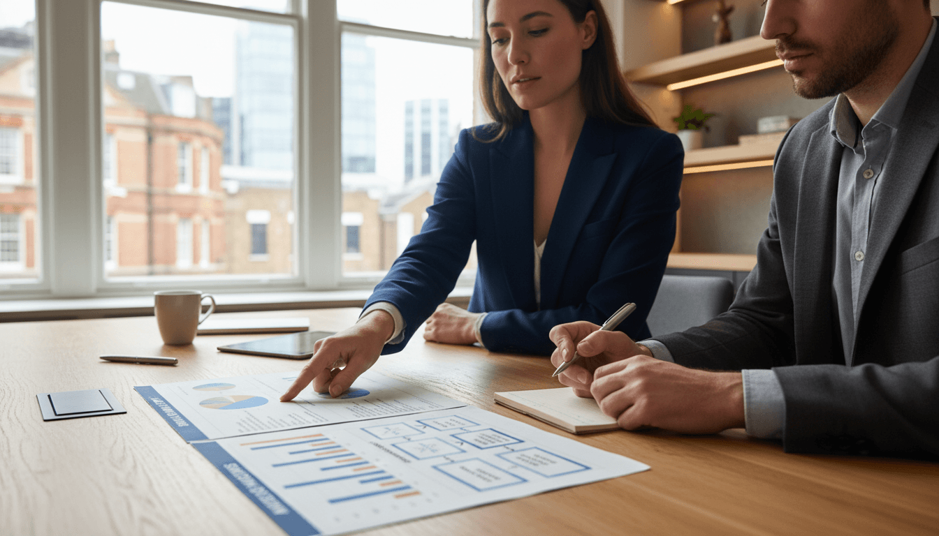 Two business consultants reviewing strategic market analysis documents in a London office