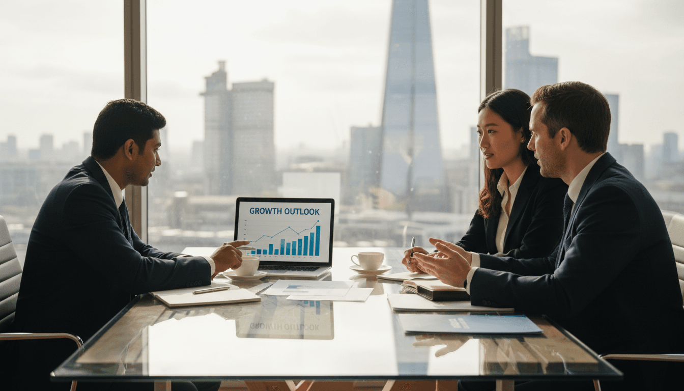 Three diverse business professionals having a strategy meeting around a glass table in a modern London office with city views