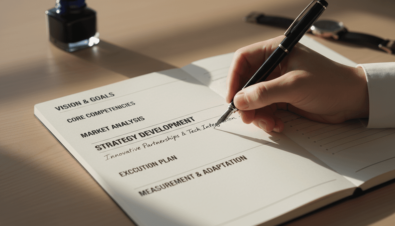 Consultant writing strategic framework notes with fountain pen