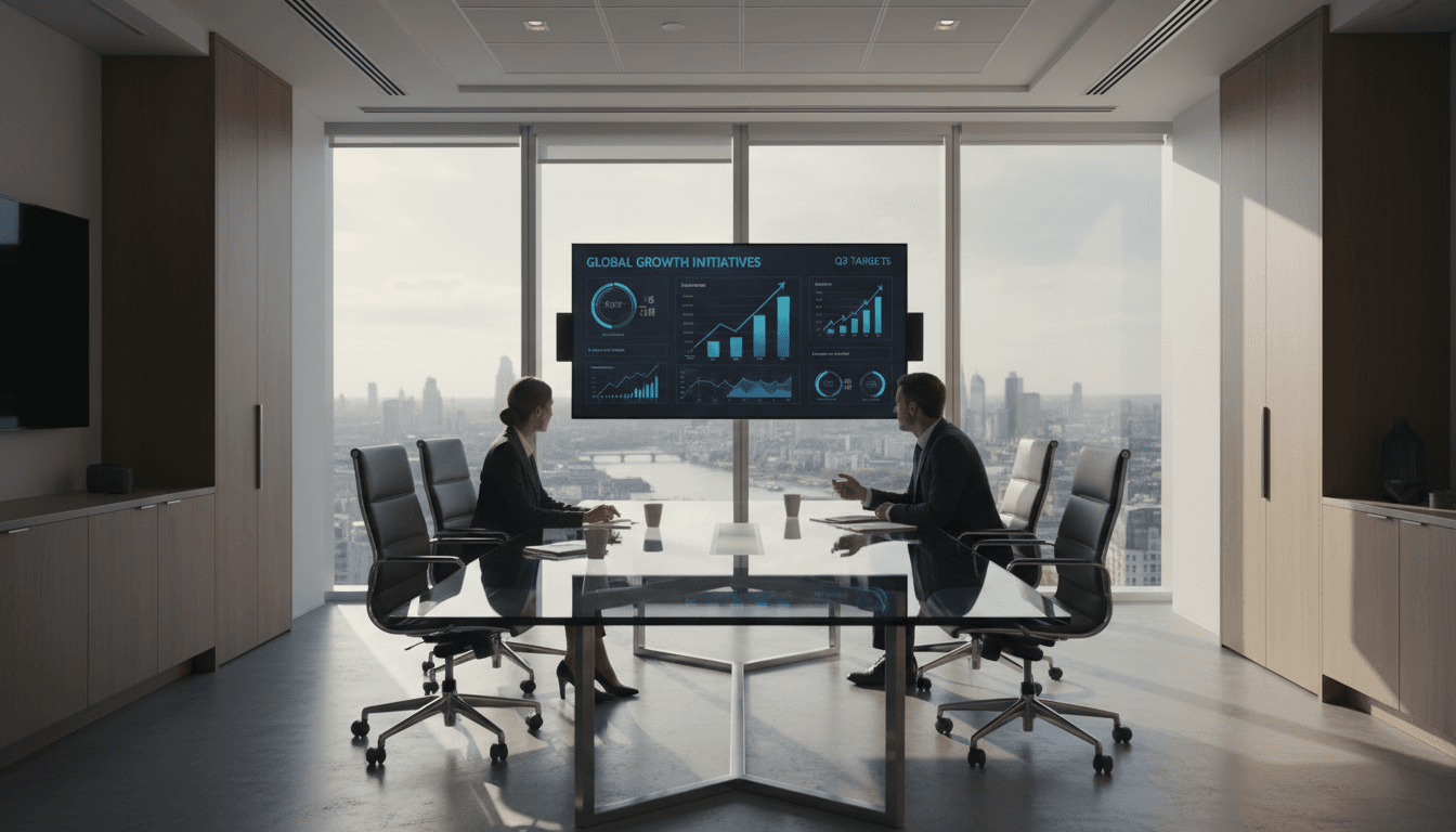 Business professionals reviewing strategy and growth metrics during a consultation in a modern London office